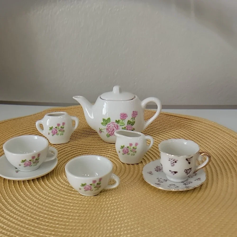 Vintage Miniature Porcelain Tea Set with Pink Rose Pattern